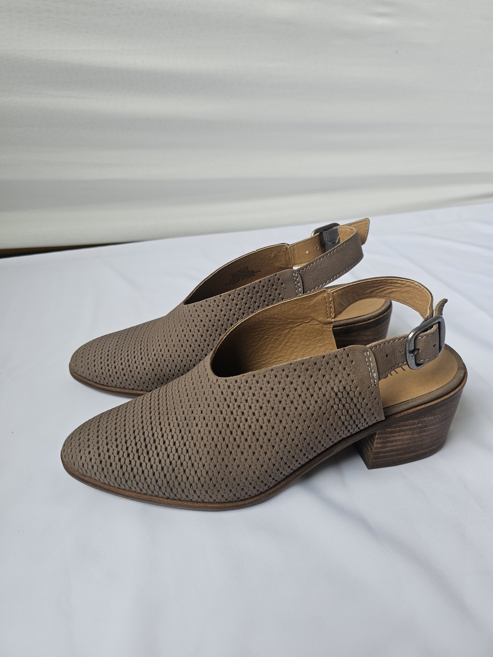 Lucky Brand Taupe Perforated Slingback Block Heel Mules